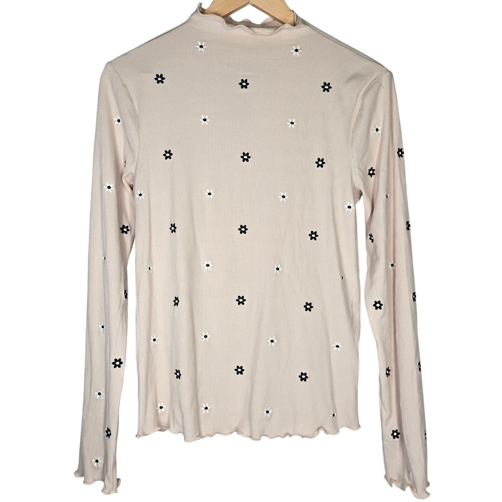 Hem & Thread Embroidered Rib Mock Neck Cabbage Hem Long Sleeve Top Womens Size L